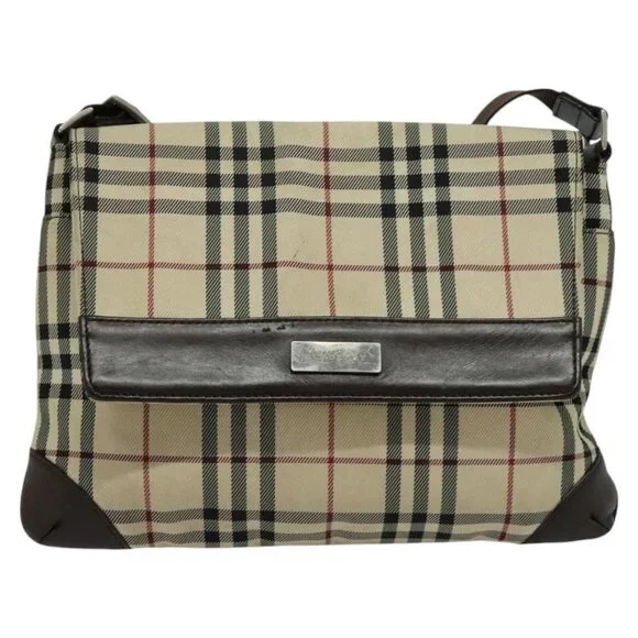 BURBERRY Nova Check Shoulder Bag Nylon Beige Silver Auth hk2950